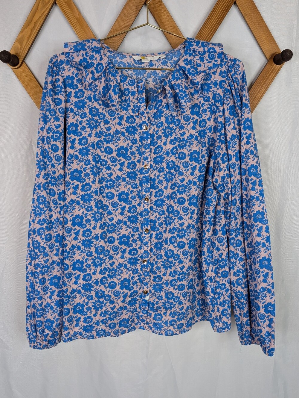 Boden Floral Ruffle Neck Button Up Peasant Blouse Top - Size 10